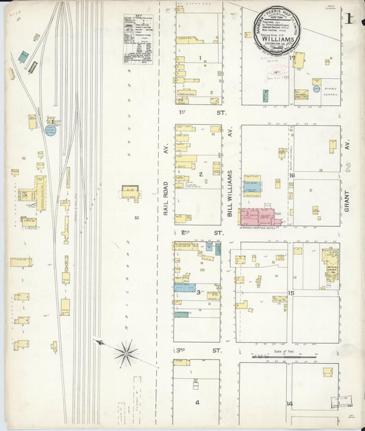Sanborn Fire Insurance Map from Williams, Coconino County, Arizona (1892), Sheet #0001 - Historic Sanborn Fire Insurance Map Print, vintage old map wall art, antique decor, genealogy gift, Arizona Arizona map