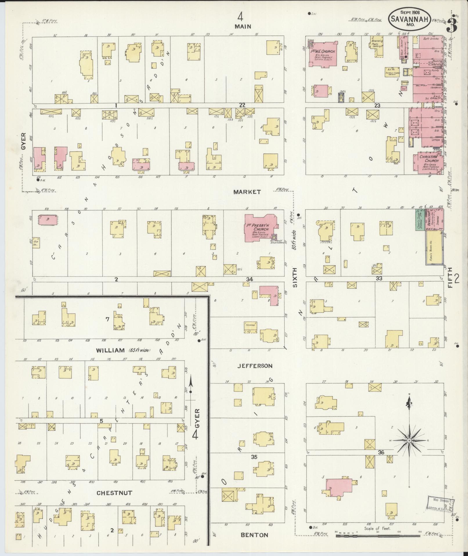 Sanborn Fire Insurance Map from Savannah, Andrew County, Missouri (1908), Sheet #0003 - Historic Sanborn Fire Insurance Map Print, vintage old map wall art, antique decor, genealogy gift, Missouri Missouri map