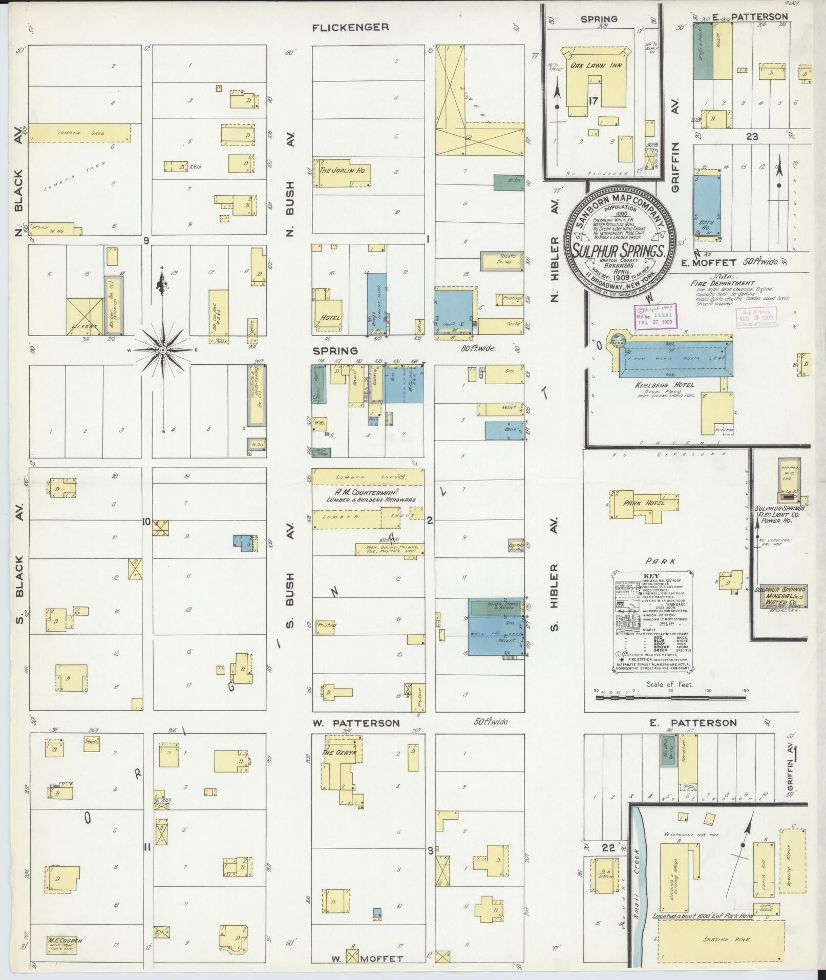 Sanborn Fire Insurance Map from Sulphur Springs, Benton County, Arkansas (1909), Sheet #0001 - Historic Sanborn Fire Insurance Map Print, vintage old map wall art, antique decor, genealogy gift, Arkansas Arkansas map