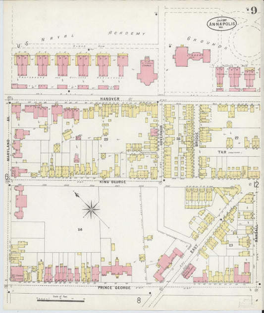 Anne Arundel, Maryland - 1897 - Sanborn Fire Insurance Map, Sheet #0009 - Historic Sanborn Fire Insurance Map Print, Anne Arundel Maryland 1897 0009 vintage old map wall art