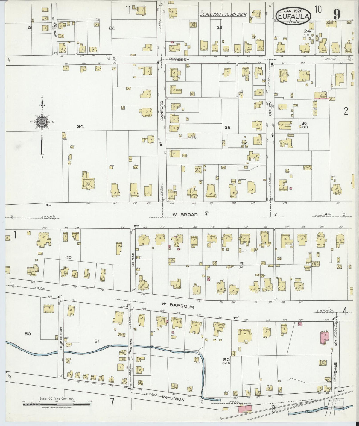 Sanborn Fire Insurance Map from Eufaula, Barbour County, Alabama (1920), Sheet #0009 - Complete Map Set gallery image, historic Sanborn map, vintage wall art, Alabama Alabama