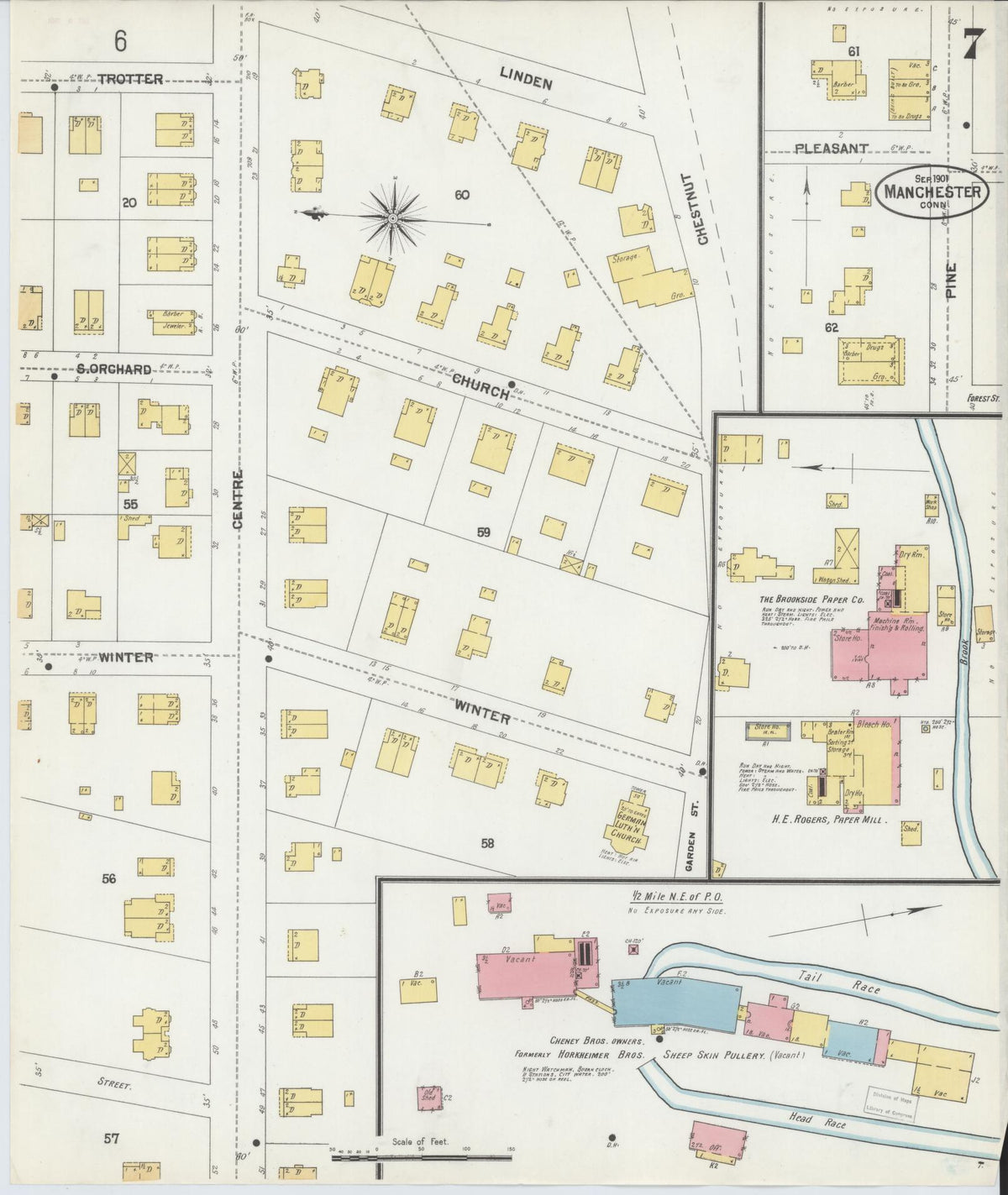 Sanborn Fire Insurance Map from Manchester, Hartford County, Connecticut (1901), Sheet #0007 - Historic Sanborn Fire Insurance Map Print, vintage old map wall art, antique decor, genealogy gift, Connecticut Connecticut map