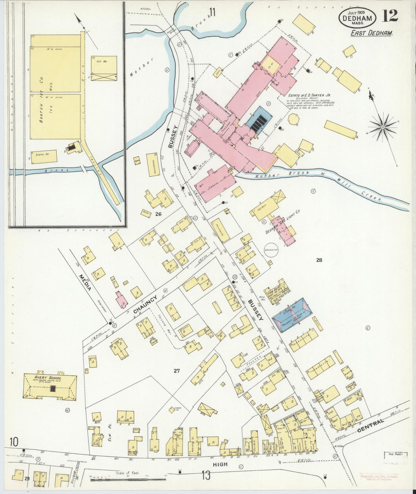 Sanborn Fire Insurance Map from Dedham, Norfolk County, Massachusetts (1909), Sheet #0012 - Historic Sanborn Fire Insurance Map Print, vintage old map wall art, antique decor, genealogy gift, Massachusetts Massachusetts map