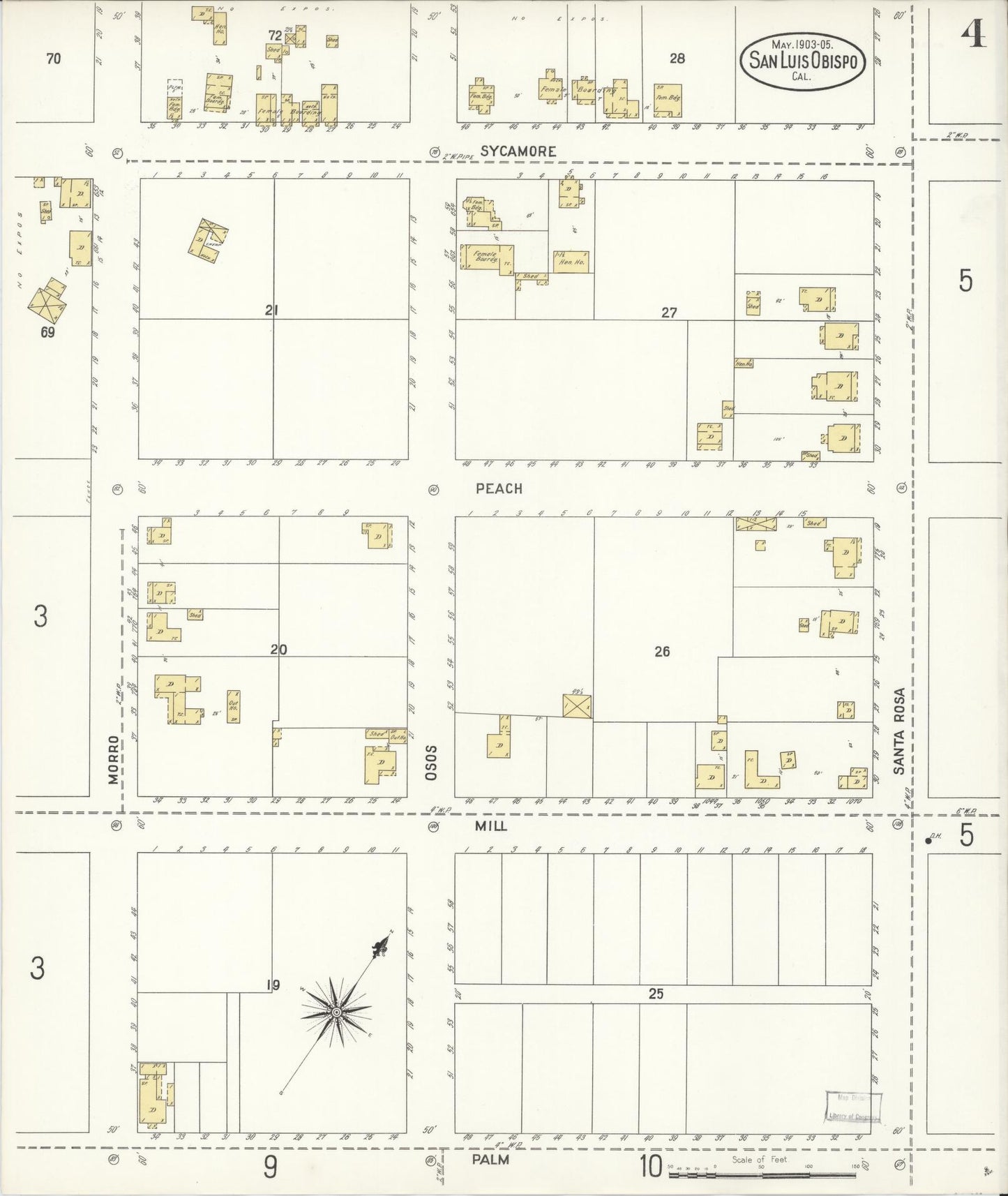 Sanborn Fire Insurance Map from San Luis Obispo, San Luis Obispo County, California (1905), Sheet #0004 - Complete Map Set gallery image, historic Sanborn map, vintage wall art, California California