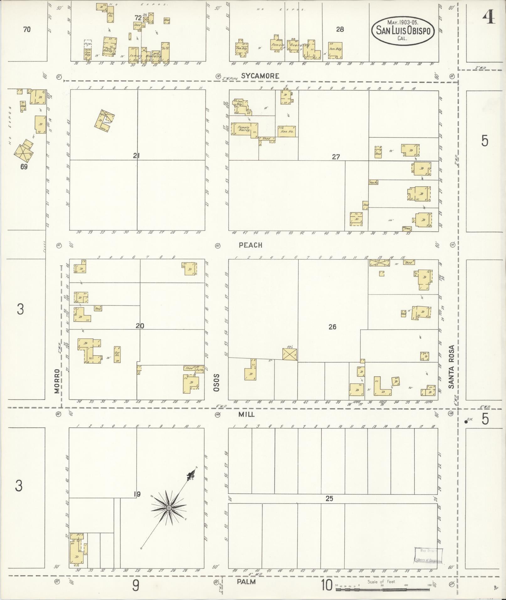 Sanborn Fire Insurance Map from San Luis Obispo, San Luis Obispo County, California (1905), Sheet #0004 - Complete Map Set gallery image, historic Sanborn map, vintage wall art, California California