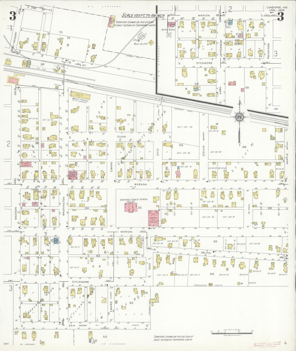 Sanborn Fire Insurance Map from Converse, Miami County, Indiana (1938), Sheet #0003 - Historic Sanborn Fire Insurance Map Print, vintage old map wall art, antique decor, genealogy gift, Indiana Indiana map