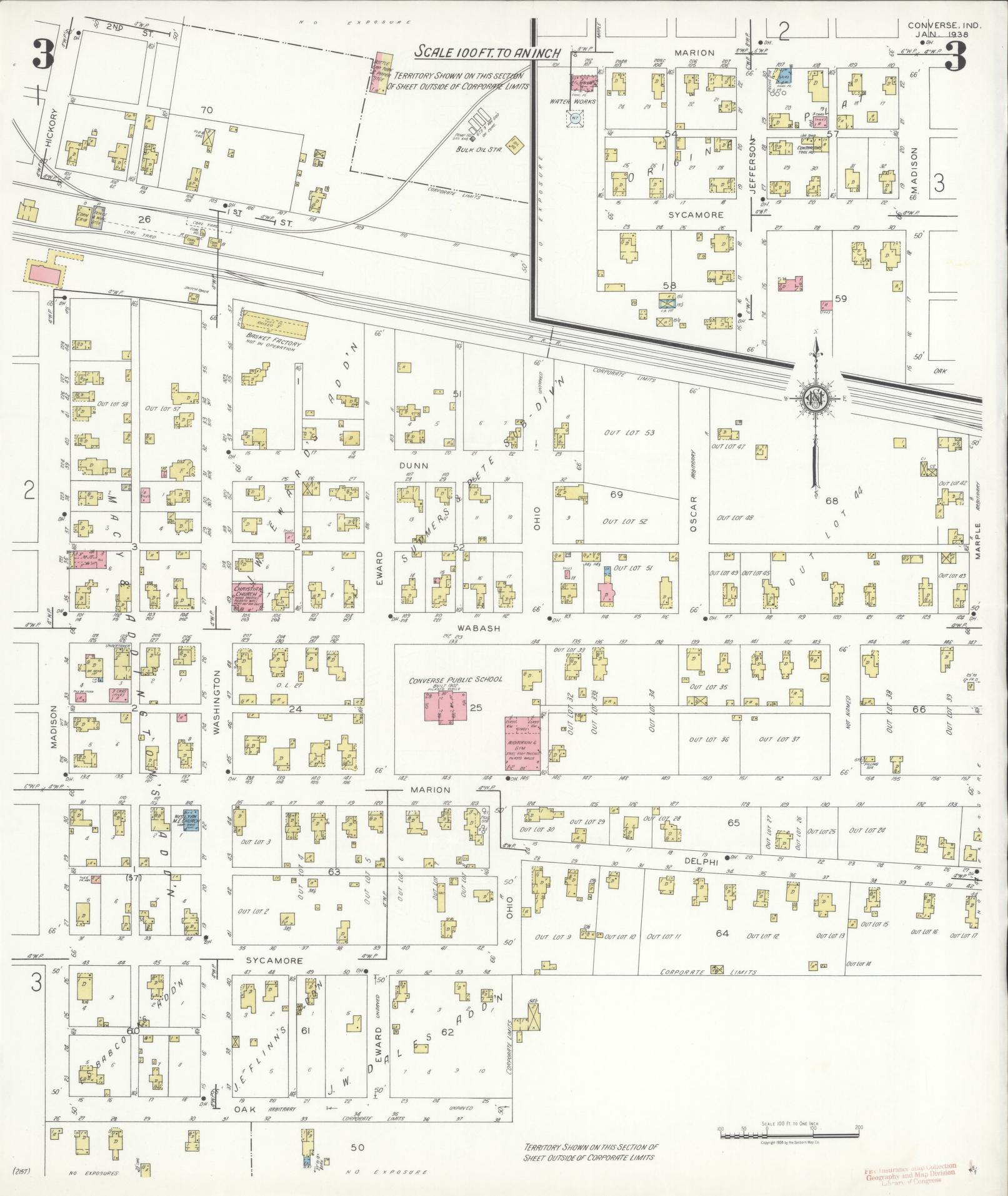 Sanborn Fire Insurance Map from Converse, Miami County, Indiana (1938), Sheet #0003 - Historic Sanborn Fire Insurance Map Print, vintage old map wall art, antique decor, genealogy gift, Indiana Indiana map