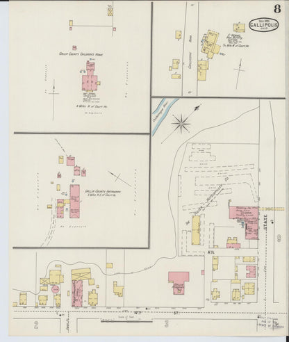 Sanborn Fire Insurance Map from Gallipolis, Gallia County, Ohio (1895), Sheet #0008 - Historic Sanborn Fire Insurance Map Print, vintage old map wall art, antique decor, genealogy gift, Ohio Ohio map