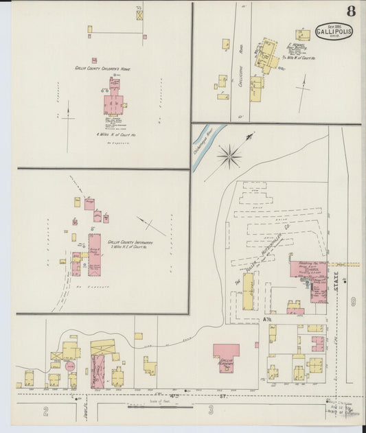 Sanborn Fire Insurance Map from Gallipolis, Gallia County, Ohio (1895), Sheet #0008 - Historic Sanborn Fire Insurance Map Print, vintage old map wall art, antique decor, genealogy gift, Ohio Ohio map