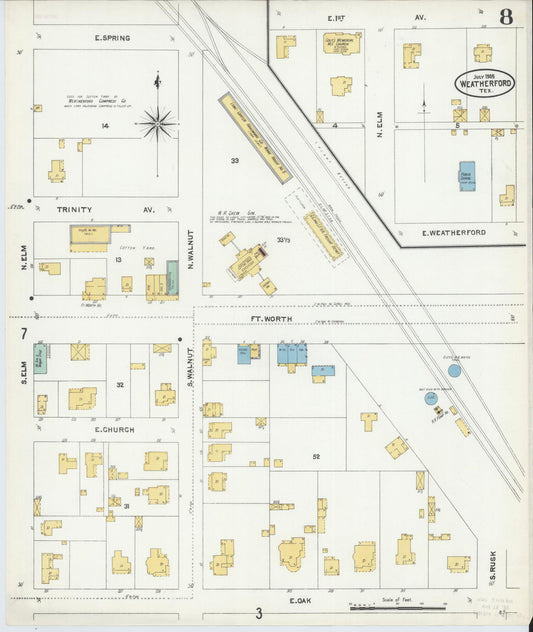 Sanborn Fire Insurance Map from Weatherford, Parker County, Texas (1905), Sheet #0008 - Historic Sanborn Fire Insurance Map Print, vintage old map wall art, antique decor, genealogy gift, Texas Texas map