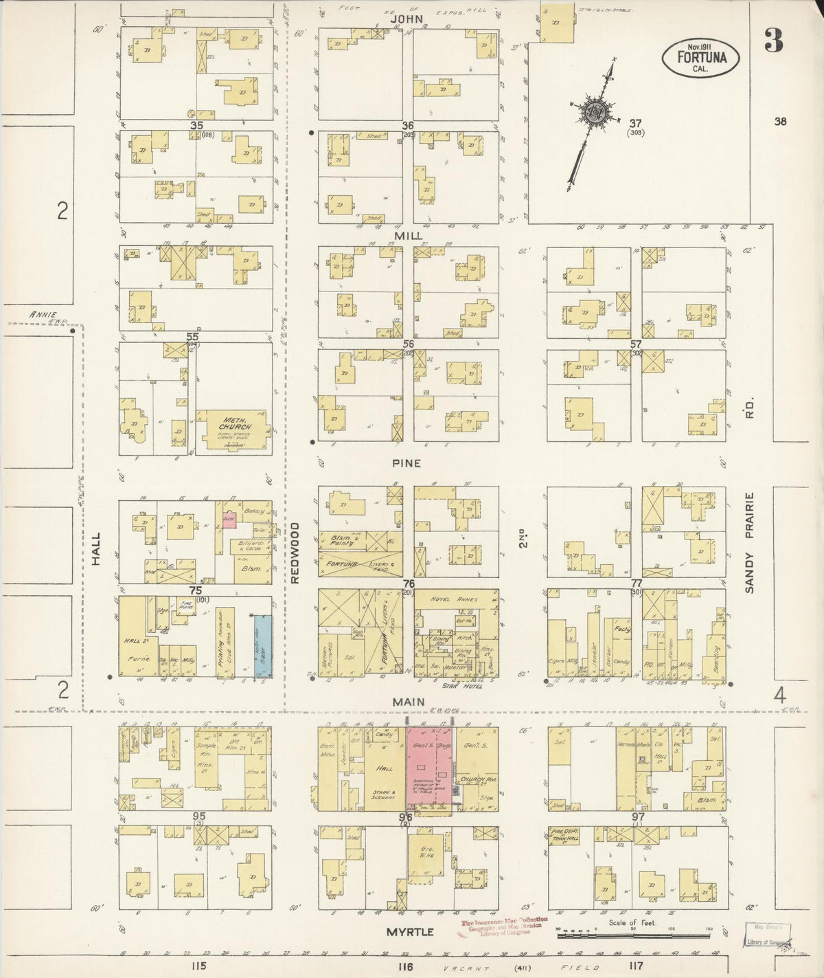 Sanborn Fire Insurance Map from Fortuna, Humboldt County, California (1911), Sheet #0003 - Complete Map Set gallery image, historic Sanborn map, vintage wall art, California California