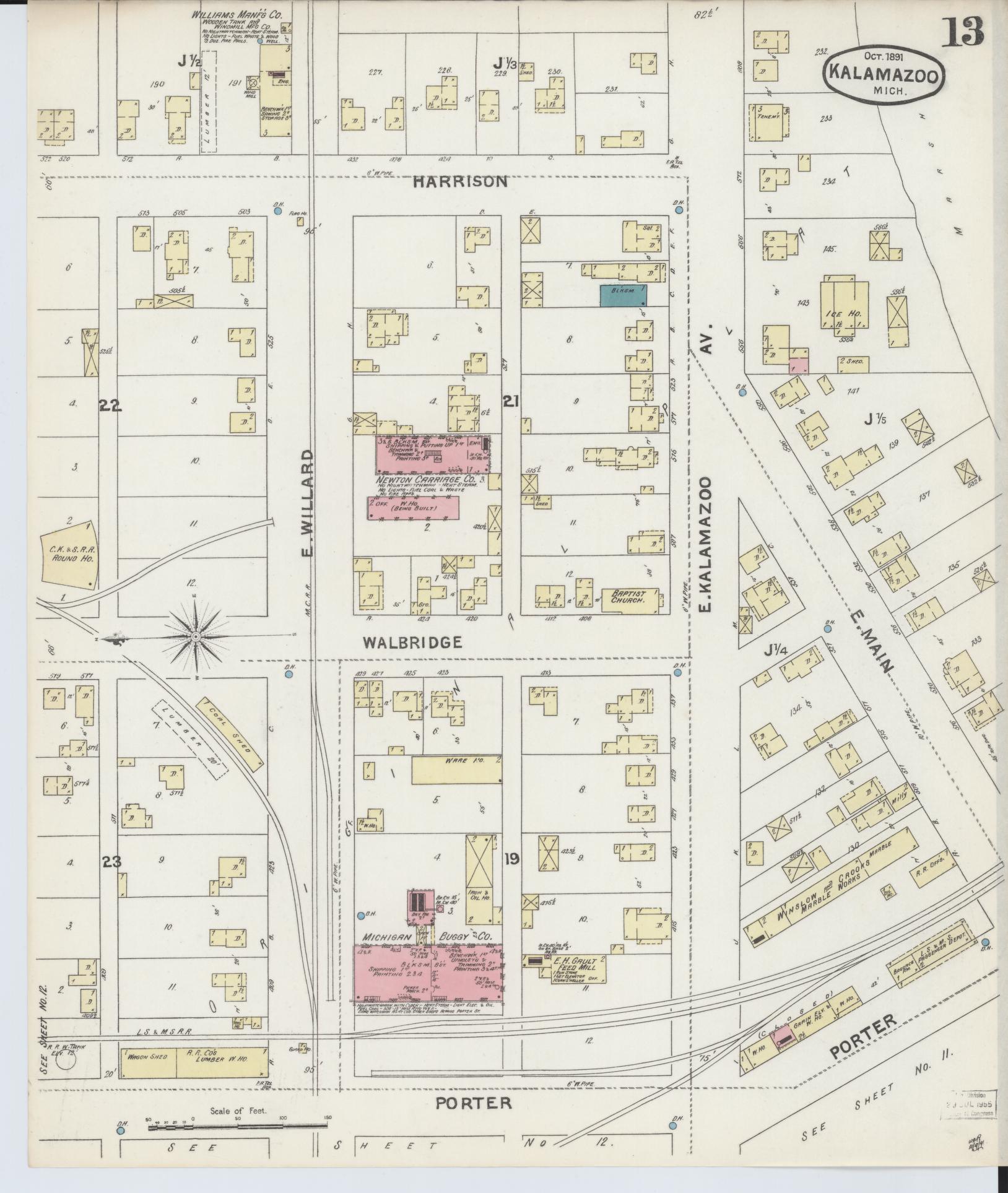 Sanborn Fire Insurance Map from Kalamazoo, Kalamazoo County, Michigan (1891), Sheet #0013 - Historic Sanborn Fire Insurance Map Print, vintage old map wall art, antique decor, genealogy gift, Michigan Michigan map