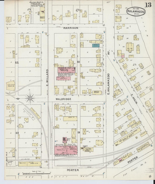 Sanborn Fire Insurance Map from Kalamazoo, Kalamazoo County, Michigan (1891), Sheet #0013 - Historic Sanborn Fire Insurance Map Print, vintage old map wall art, antique decor, genealogy gift, Michigan Michigan map