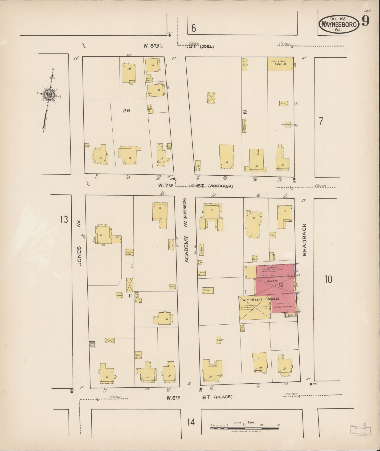 Sanborn Fire Insurance Map from Waynesboro, Burke County, Georgia (1921), Sheet #0009 - Complete Map Set gallery image, historic Sanborn map, vintage wall art, Georgia Georgia