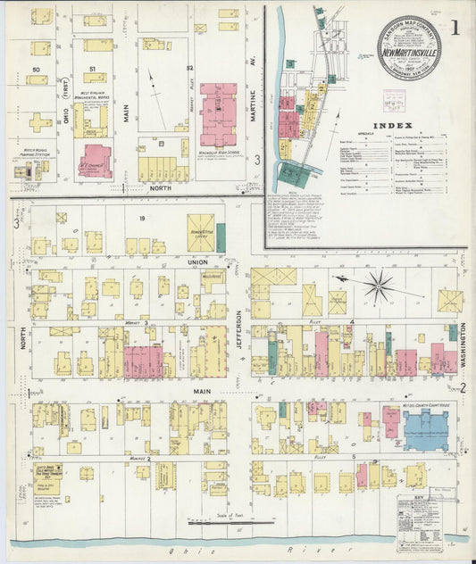 Sanborn Fire Insurance Map from New Martinsville, Wetzel County, West Virginia (1907), Sheet #0001 - Historic Sanborn Fire Insurance Map Print, vintage old map wall art, antique decor, genealogy gift, West Virginia West Virginia map