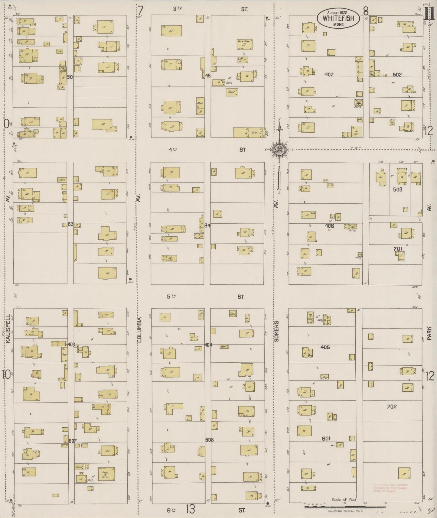 Sanborn Fire Insurance Map from Whitefish, Flathead County, Montana (1922), Sheet #0011 - Complete Map Set gallery image, historic Sanborn map, vintage wall art, Montana Montana