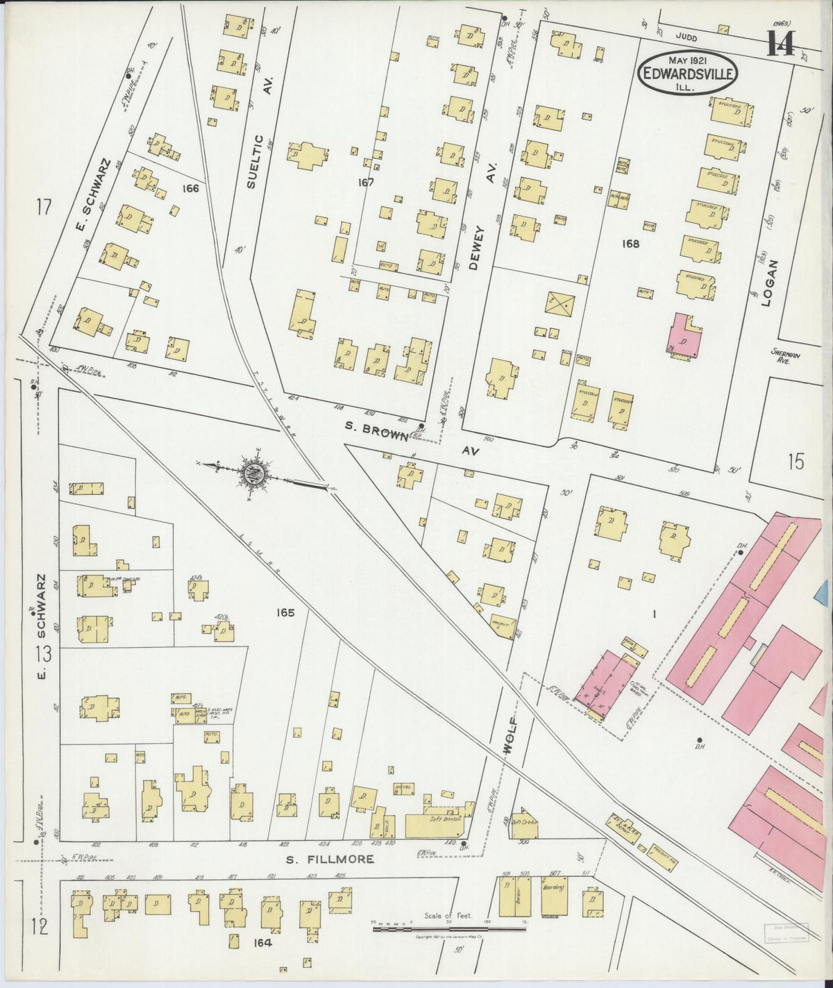 Sanborn Fire Insurance Map from Edwardsville, Madison County, Illinois (1921), Sheet #0014 - Historic Sanborn Fire Insurance Map Print, vintage old map wall art, antique decor, genealogy gift, Illinois Illinois map