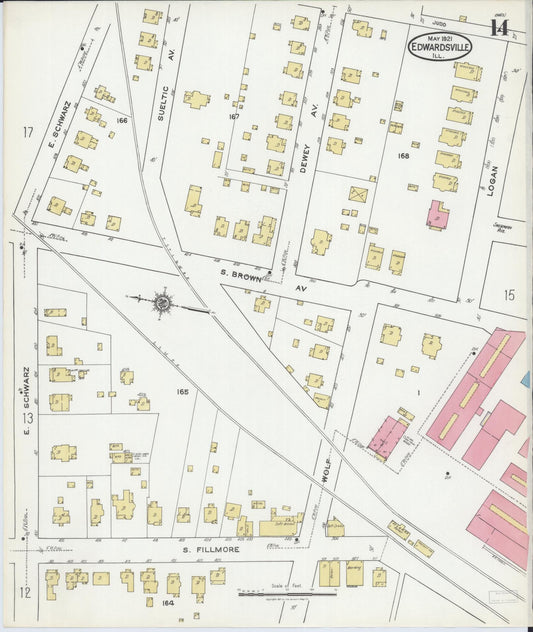 Sanborn Fire Insurance Map from Edwardsville, Madison County, Illinois (1921), Sheet #0014 - Historic Sanborn Fire Insurance Map Print, vintage old map wall art, antique decor, genealogy gift, Illinois Illinois map