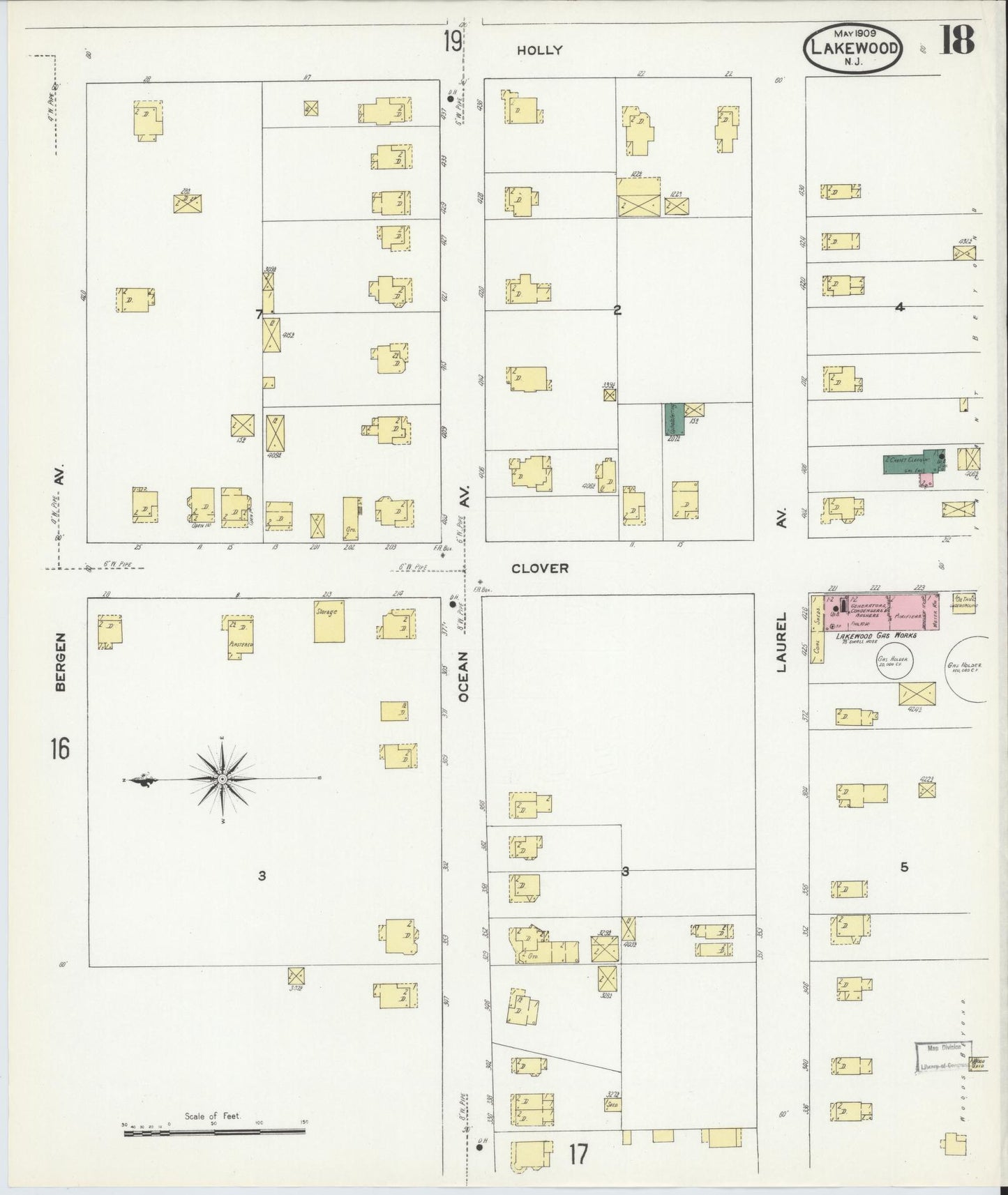 Sanborn Fire Insurance Map from Lakewood, Ocean County, New Jersey (1909), Sheet #0018 - Historic Sanborn Fire Insurance Map Print, vintage old map wall art, antique decor, genealogy gift, New Jersey New Jersey map