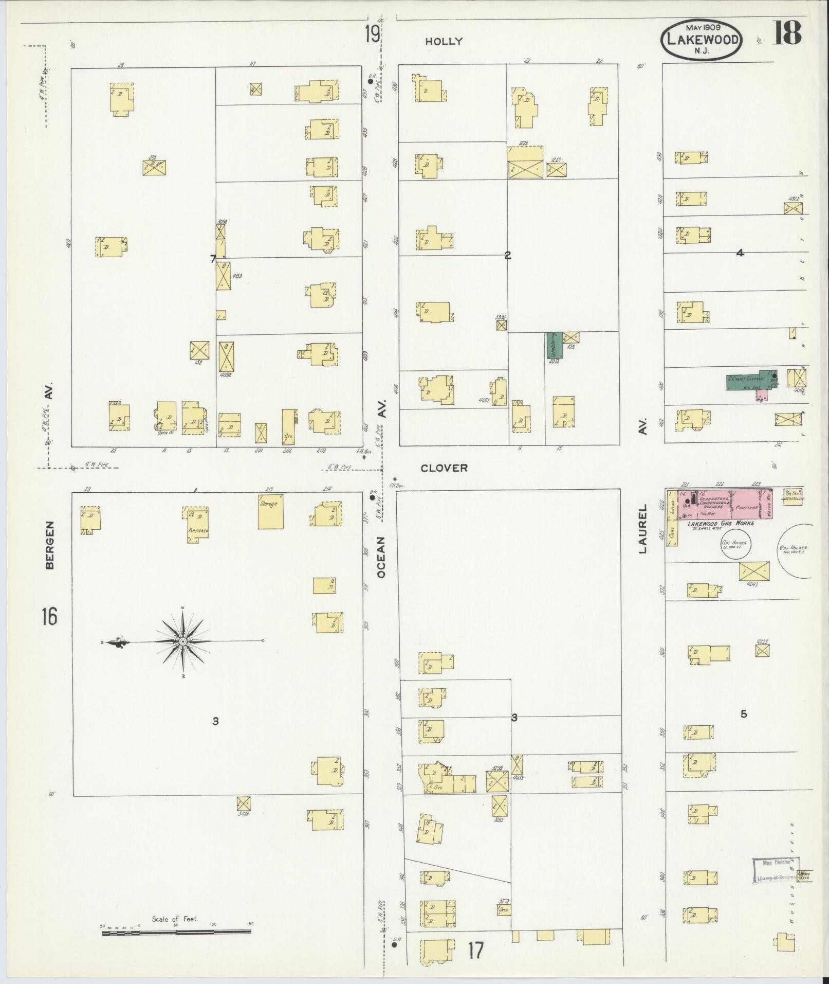 Sanborn Fire Insurance Map from Lakewood, Ocean County, New Jersey (1909), Sheet #0018 - Historic Sanborn Fire Insurance Map Print, vintage old map wall art, antique decor, genealogy gift, New Jersey New Jersey map