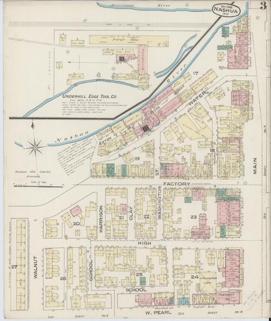 Sanborn Fire Insurance Map from Nashua, Hillsborough County, New Hampshire (1885), Sheet #0003 - Historic Sanborn Fire Insurance Map Print, vintage old map wall art, antique decor, genealogy gift, New Hampshire New Hampshire map