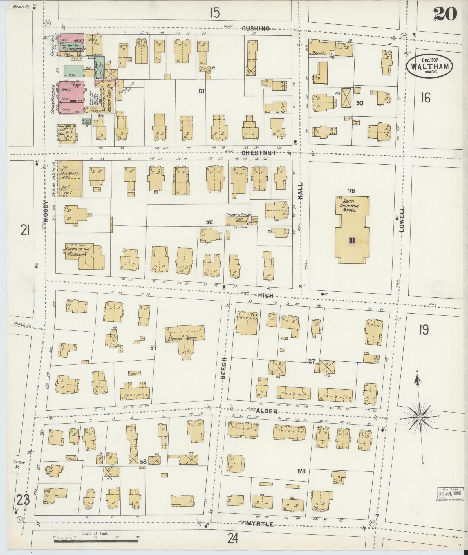 Sanborn Fire Insurance Map from Waltham, Middlesex County, Massachusetts (1897), Sheet #0020 - Complete Map Set gallery image, historic Sanborn map, vintage wall art, Massachusetts Massachusetts