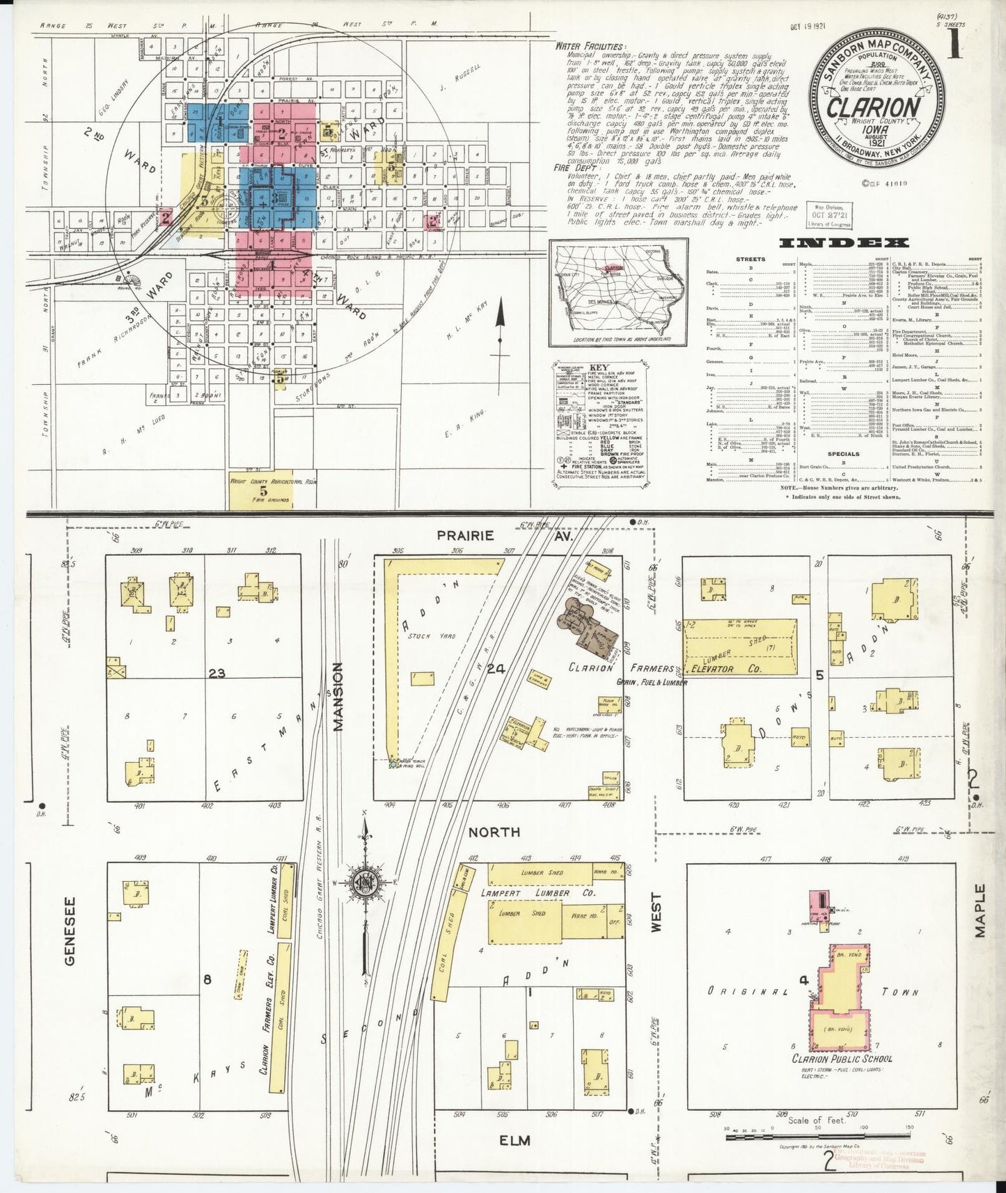 Sanborn Fire Insurance Map from Clarion, Wright County, Iowa (1921), Sheet #0001 - Historic Sanborn Fire Insurance Map Print, vintage old map wall art