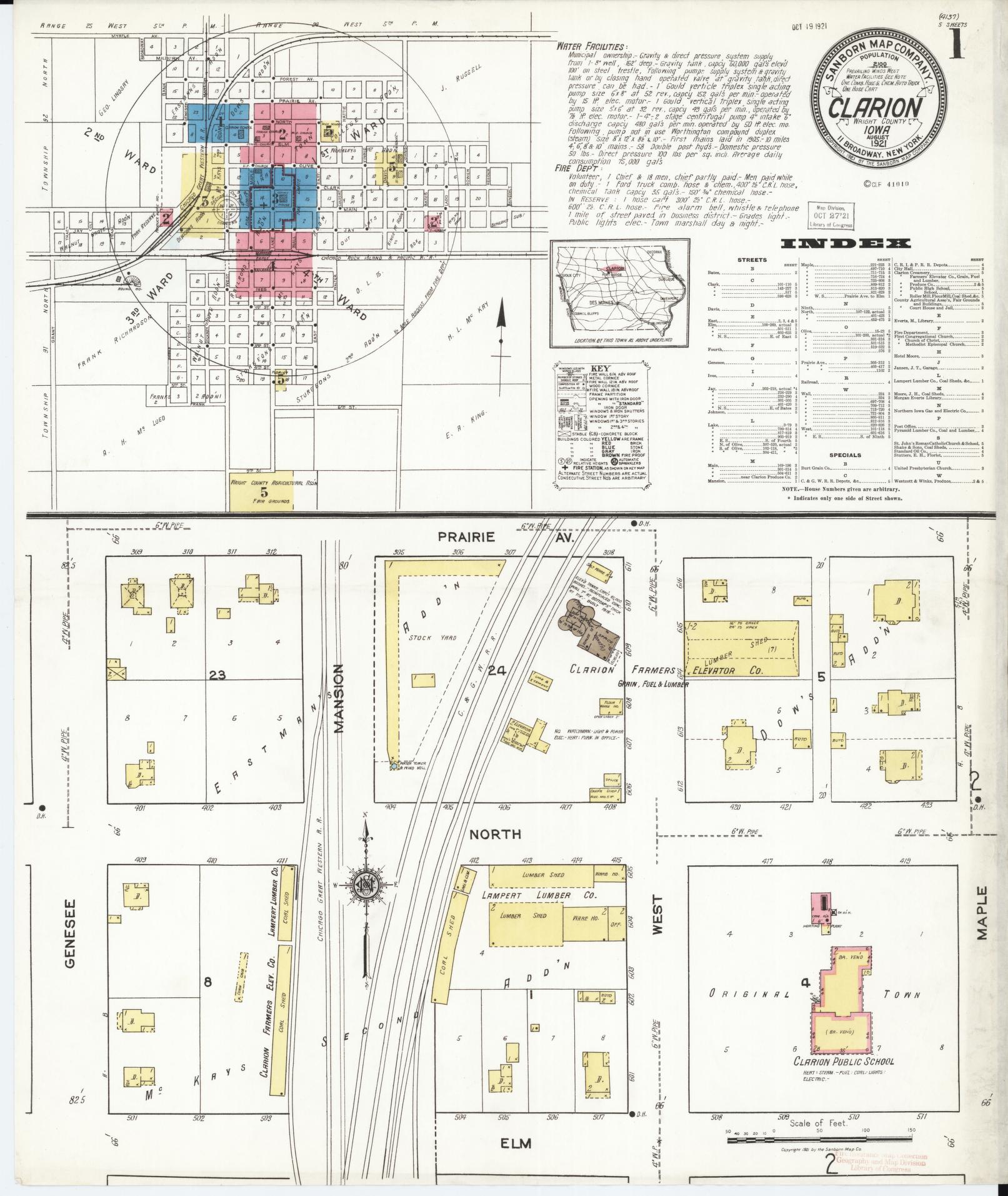 Sanborn Fire Insurance Map from Clarion, Wright County, Iowa (1921), Sheet #0001 - Historic Sanborn Fire Insurance Map Print, vintage old map wall art