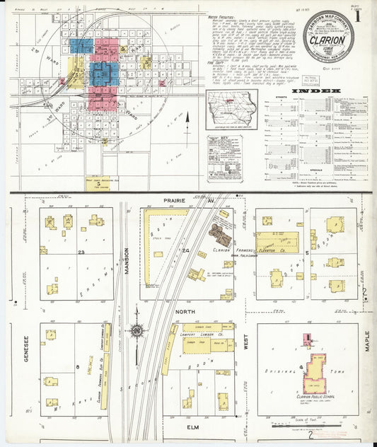 Sanborn Fire Insurance Map from Clarion, Wright County, Iowa (1921), Sheet #0001 - Historic Sanborn Fire Insurance Map Print, vintage old map wall art