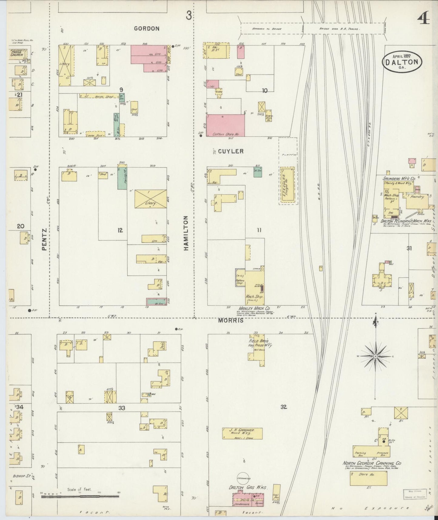 Sanborn Fire Insurance Map from Dalton, Whitfield County, Georgia (1897), Sheet #0004 - Historic Sanborn Fire Insurance Map Print, vintage old map wall art, antique decor, genealogy gift, Georgia Georgia map