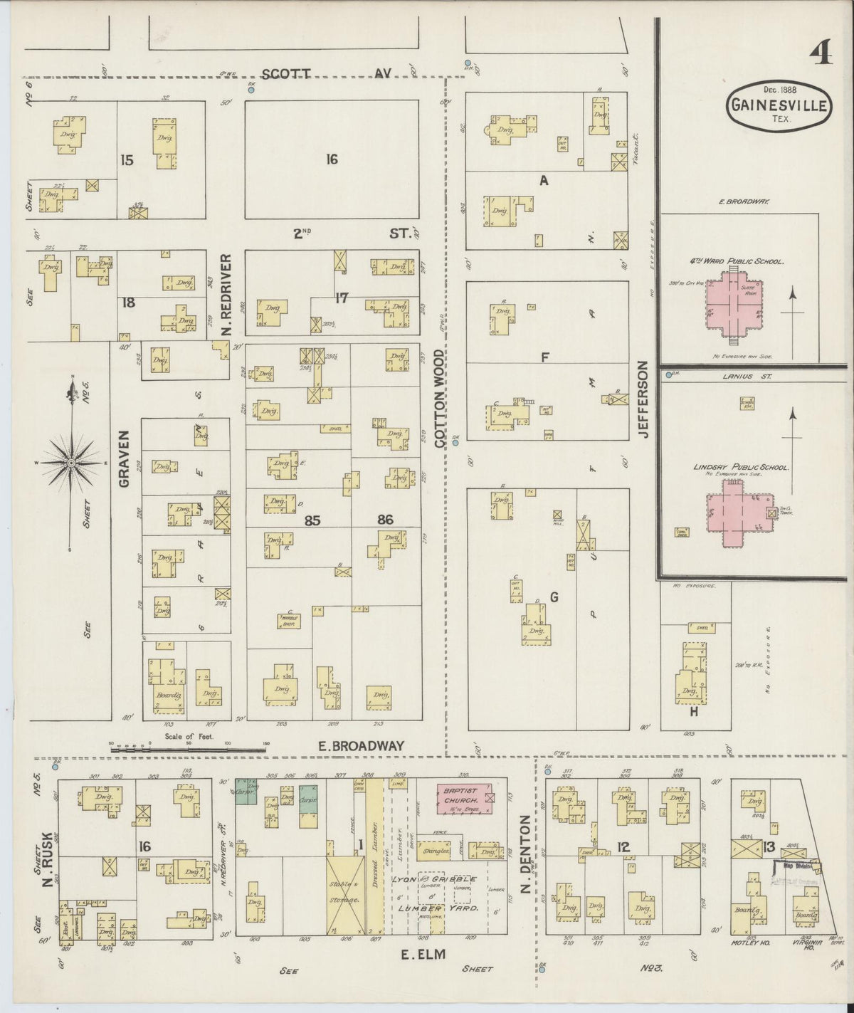 Sanborn Fire Insurance Map from Gainesville, Cooke County, Texas (1888), Sheet #0004 - Complete Map Set gallery image, historic Sanborn map, vintage wall art, Texas Texas