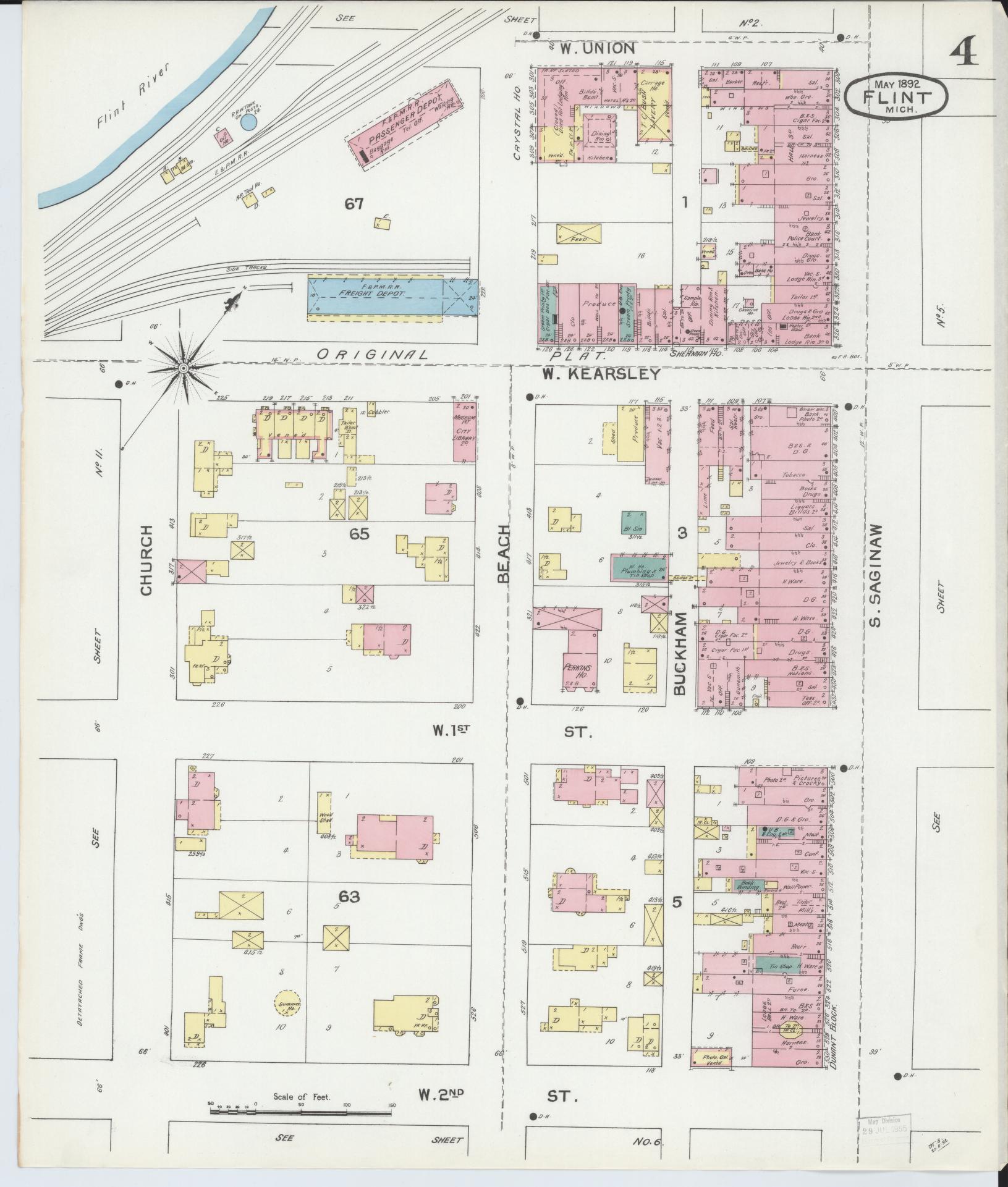 Sanborn Fire Insurance Map from Flint, Genesee County, Michigan (1892), Sheet #0004 - Historic Sanborn Fire Insurance Map Print, vintage old map wall art, antique decor, genealogy gift, Michigan Michigan map