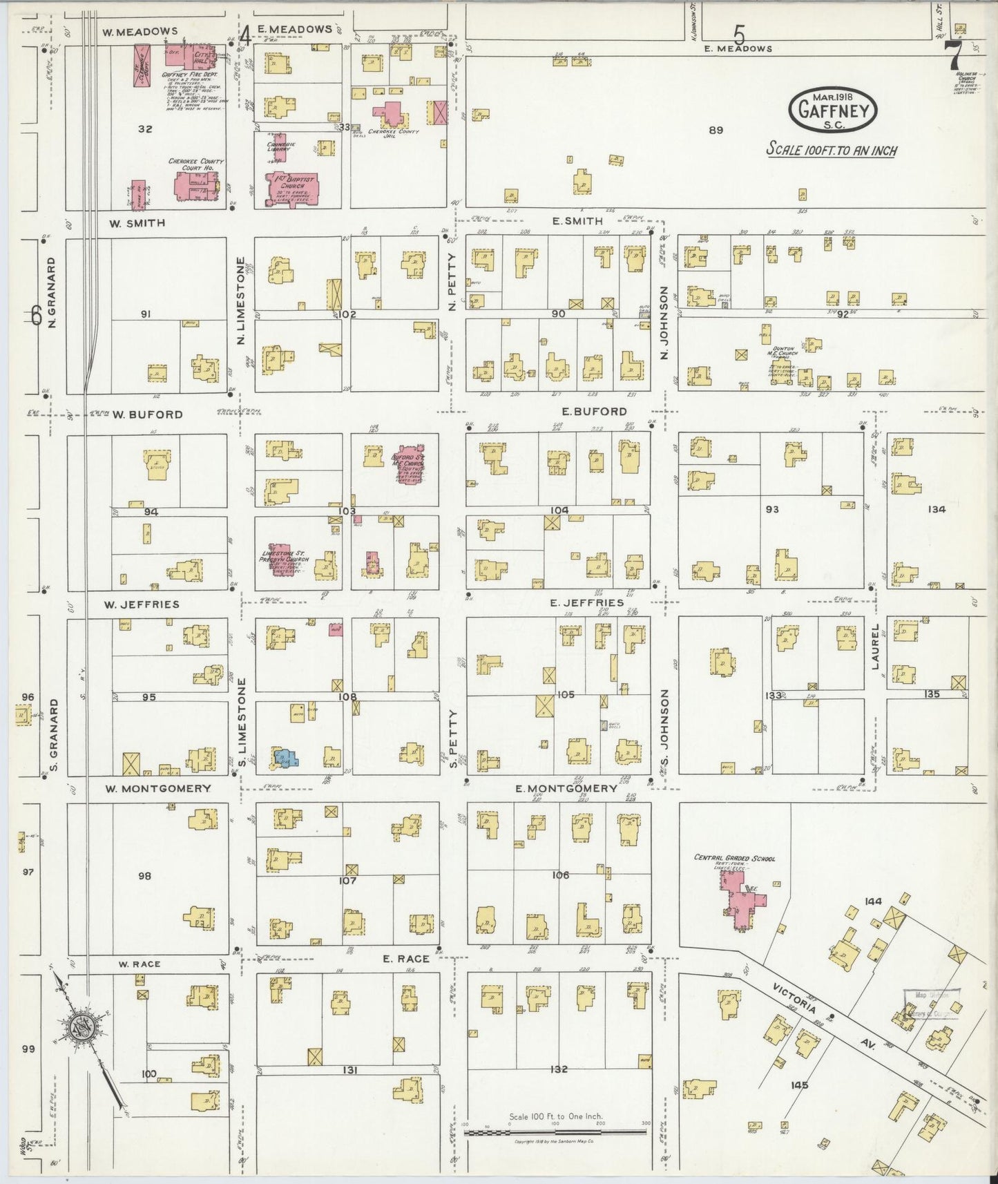 Sanborn Fire Insurance Map from Gaffney, Cherokee County, South Carolina (1918), Sheet #0007 - Complete Map Set gallery image, historic Sanborn map, vintage wall art, South Carolina South Carolina