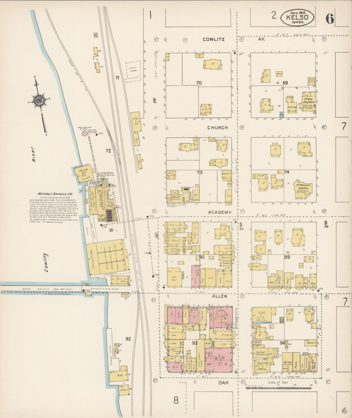 Sanborn Fire Insurance Map from Kelso, Cowlitz County, Washington (1912), Sheet #0006 - Complete Map Set gallery image, historic Sanborn map, vintage wall art, Washington Washington