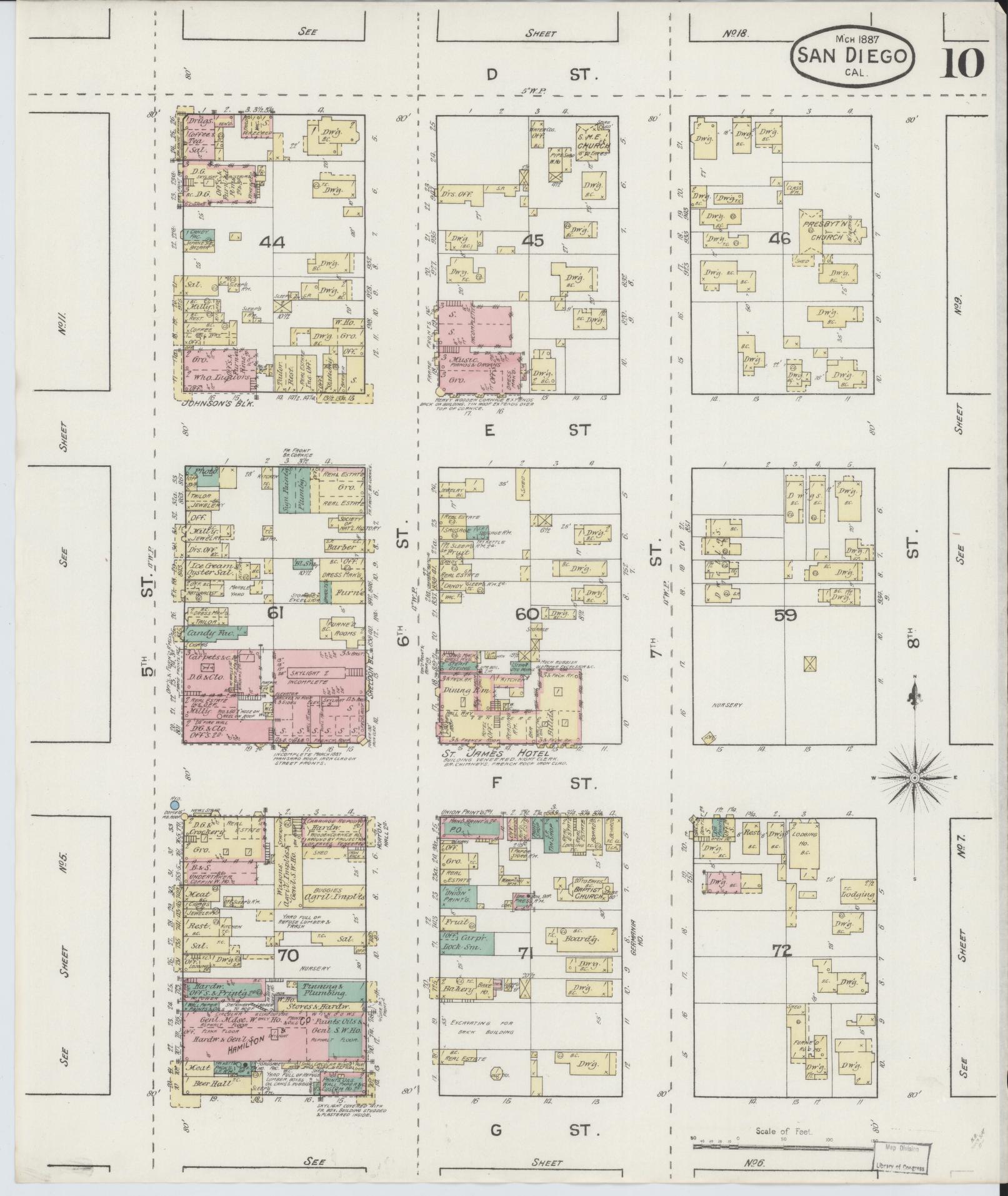 Sanborn Fire Insurance Map from San Diego, San Diego County, California (1887), Sheet #0010 - Complete Map Set gallery image, historic Sanborn map, vintage wall art, California California