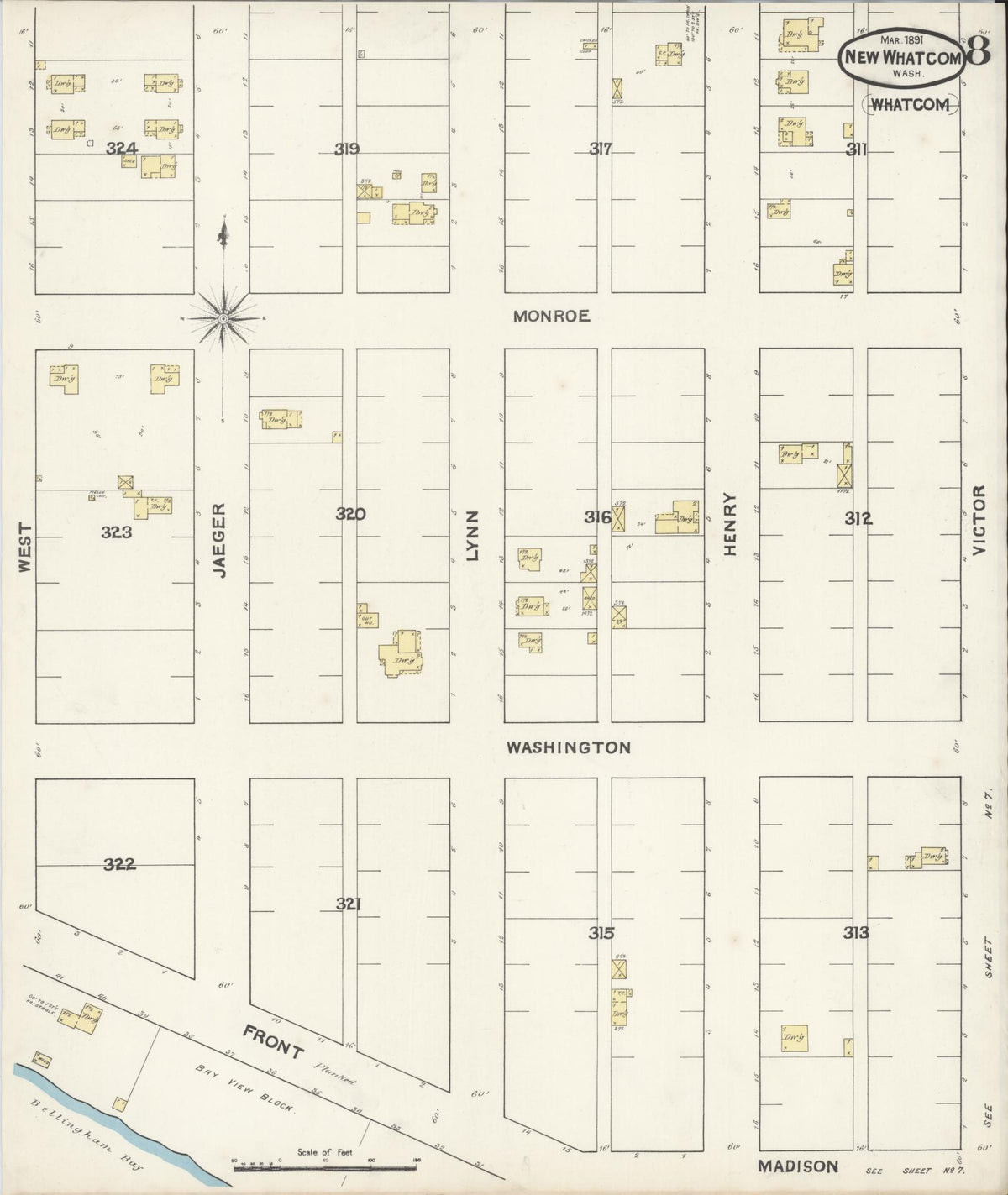 Sanborn Fire Insurance Map from New Whatcom, Whatcom County, Washington (1891), Sheet #0008 - Historic Sanborn Fire Insurance Map Print, vintage old map wall art, antique decor, genealogy gift, Washington Washington map