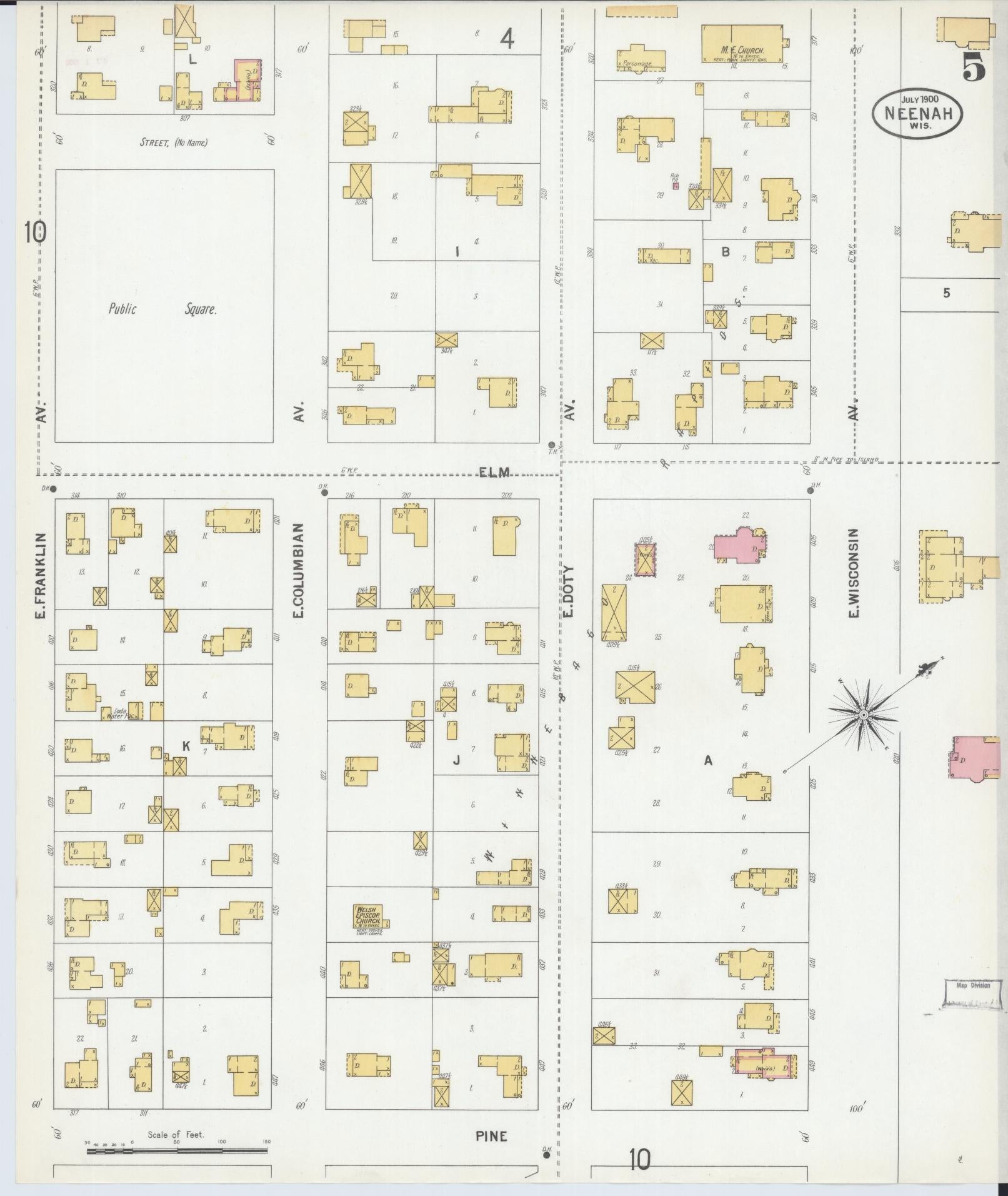 Sanborn Fire Insurance Map from Neenah, Winnebago County, Wisconsin (1900), Sheet #0005 - Historic Sanborn Fire Insurance Map Print, vintage old map wall art, antique decor, genealogy gift, Wisconsin Wisconsin map