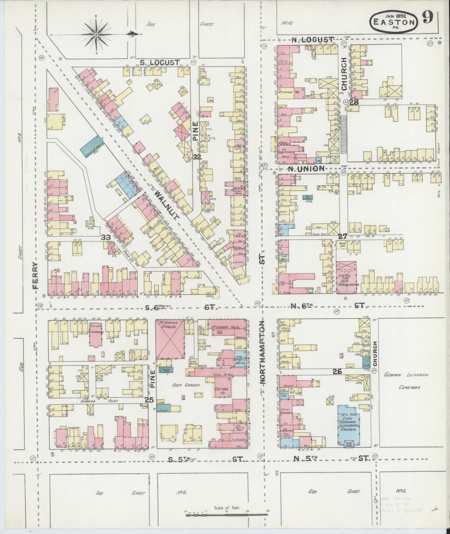 Sanborn Fire Insurance Map from Easton, Northampton County, Pennsylvania (1892), Sheet #0009 - Historic Sanborn Fire Insurance Map Print, vintage old map wall art, antique decor, genealogy gift, Pennsylvania Pennsylvania map