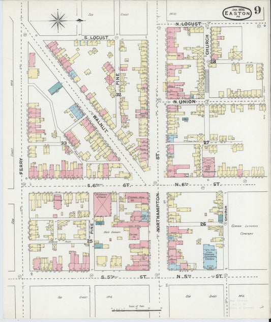 Sanborn Fire Insurance Map from Easton, Northampton County, Pennsylvania (1892), Sheet #0009 - Historic Sanborn Fire Insurance Map Print, vintage old map wall art, antique decor, genealogy gift, Pennsylvania Pennsylvania map