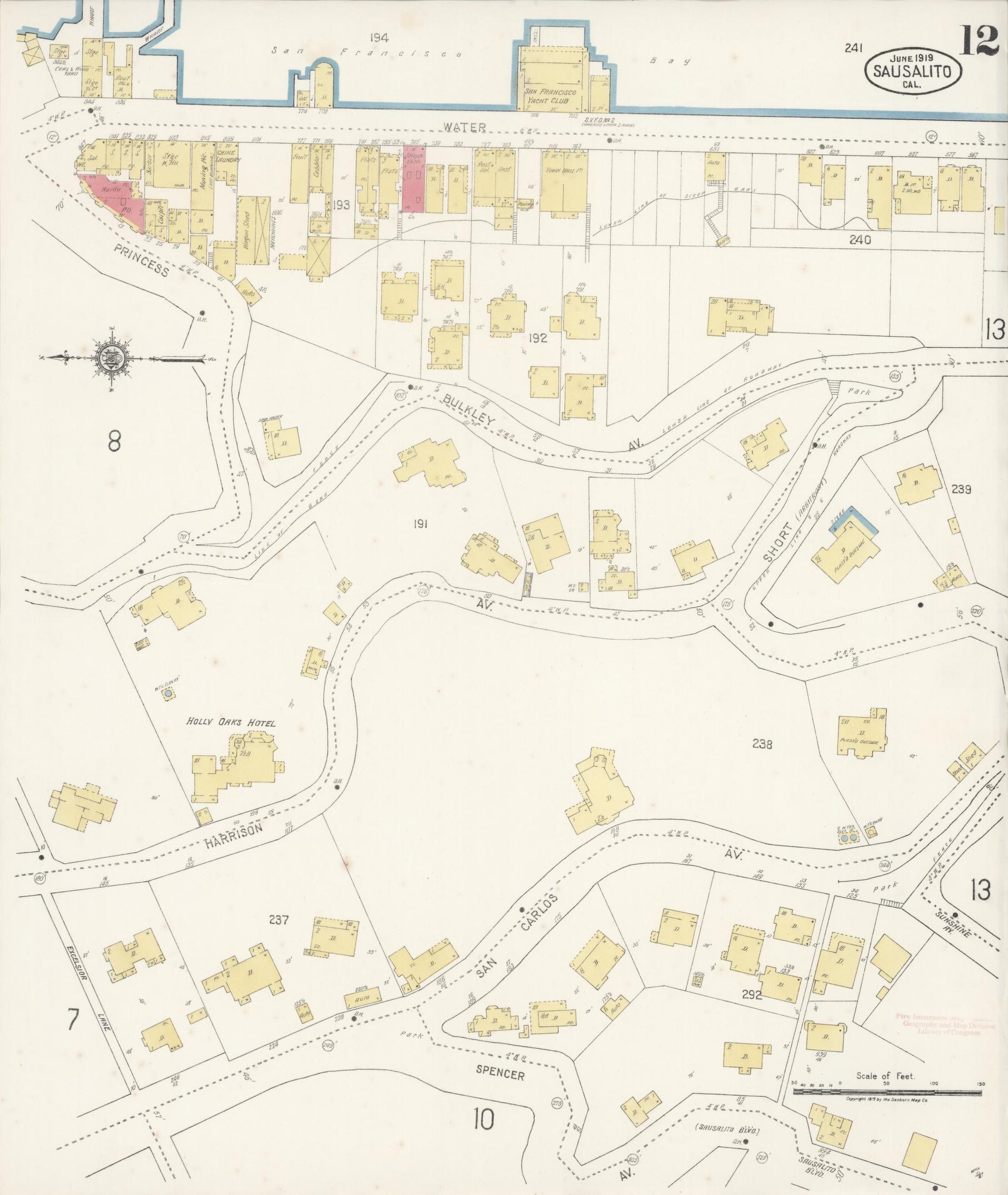 Sanborn Fire Insurance Map from Sausalito, Marin County, California (1919), Sheet #0012 - Complete Map Set gallery image, historic Sanborn map, vintage wall art, California California