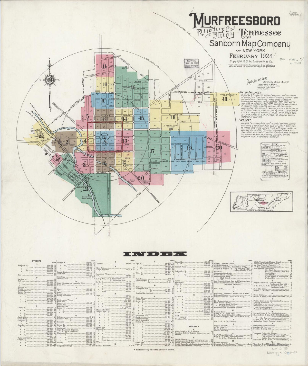 Sanborn Fire Insurance Map from Murfreesboro, Rutherford County, Tennessee (1924), Sheet #0001 - Complete Map Set gallery image, historic Sanborn map, vintage wall art, Tennessee Tennessee
