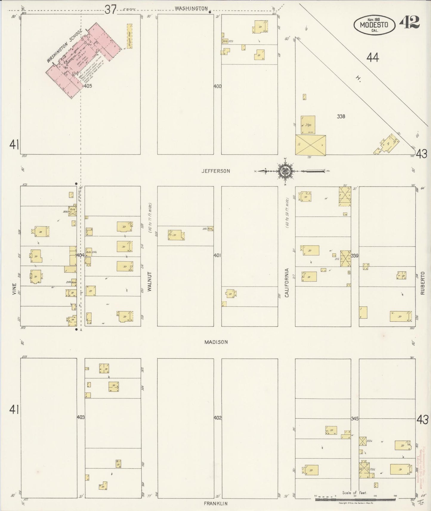 Sanborn Fire Insurance Map from Modesto, Stanislaus County, California (1919), Sheet #0042 - Complete Map Set gallery image, historic Sanborn map, vintage wall art, California California