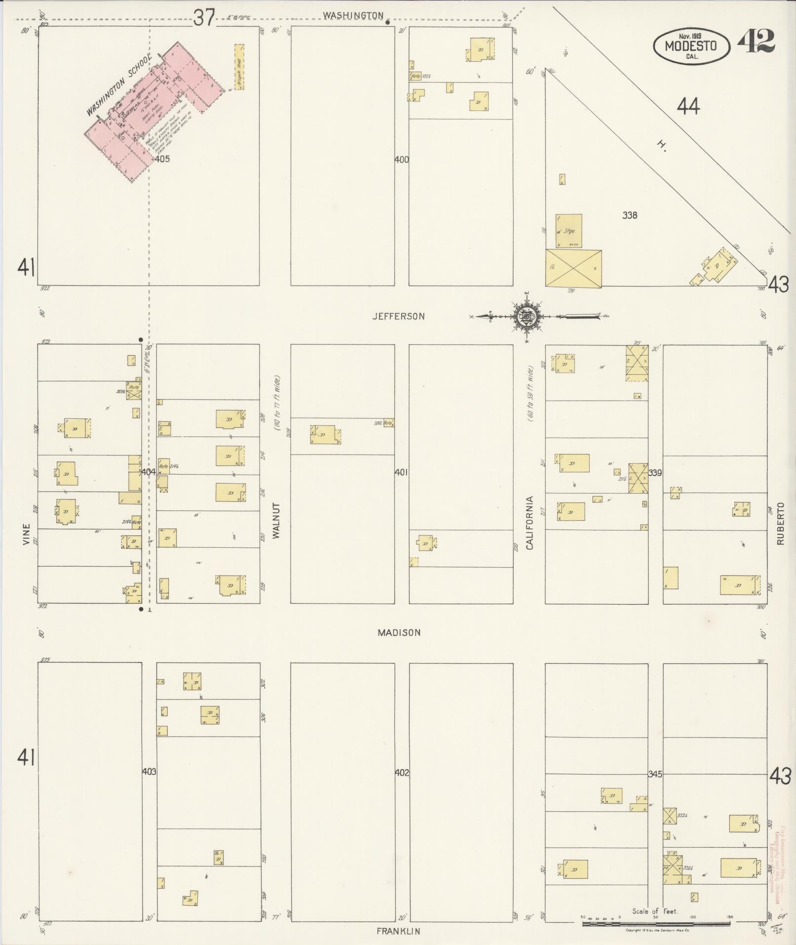 Sanborn Fire Insurance Map from Modesto, Stanislaus County, California (1919), Sheet #0042 - Complete Map Set gallery image, historic Sanborn map, vintage wall art, California California
