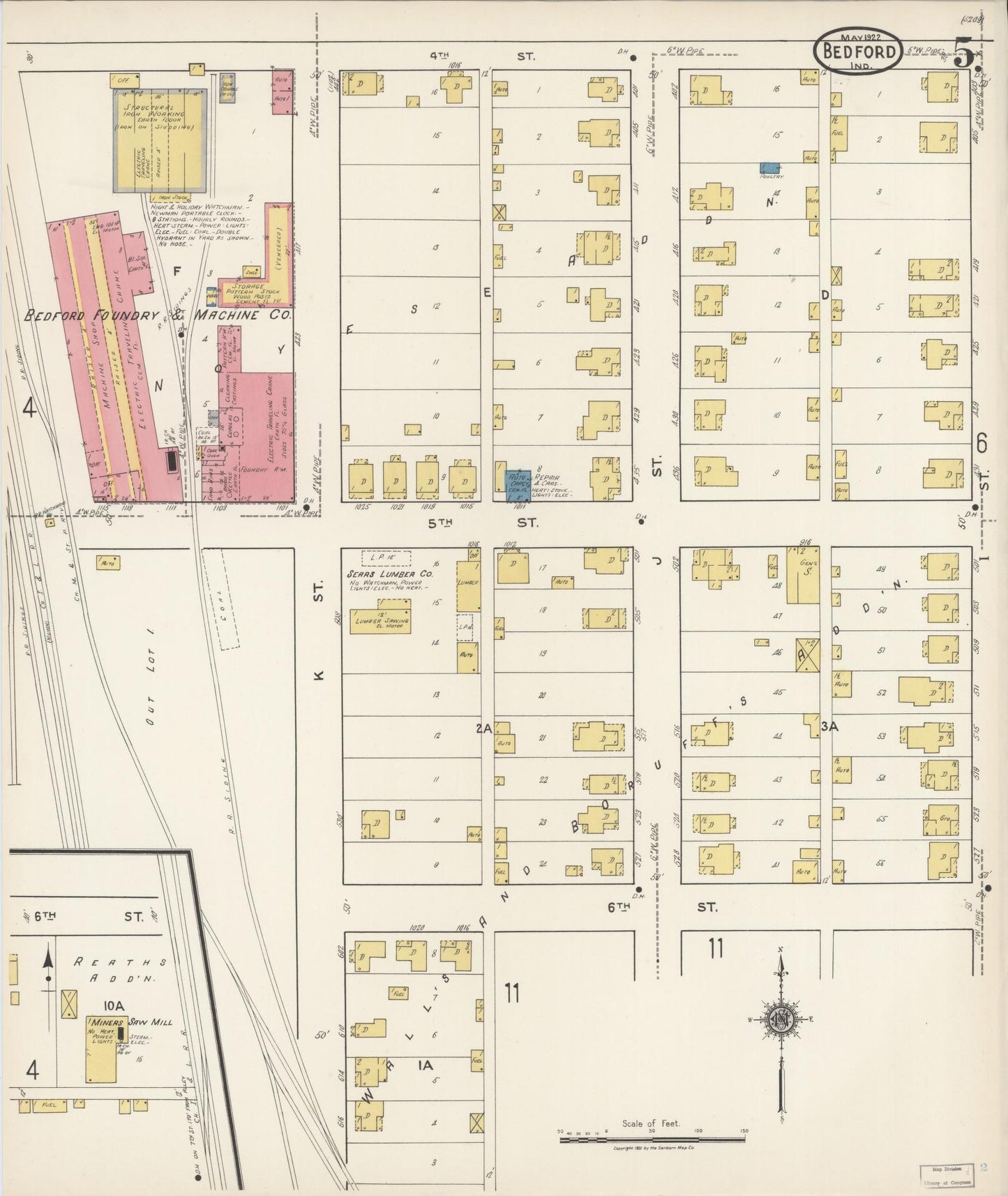 Sanborn Fire Insurance Map from Bedford, Lawrence County, Indiana (1922), Sheet #0005 - Historic Sanborn Fire Insurance Map Print, vintage old map wall art, antique decor, genealogy gift, Indiana Indiana map