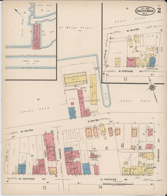 Sanborn Fire Insurance Map from Sault Sainte Marie, Chippewa County, Michigan (1922), Sheet #0002 - Historic Sanborn Fire Insurance Map Print, vintage old map wall art, antique decor, genealogy gift, Michigan Michigan map