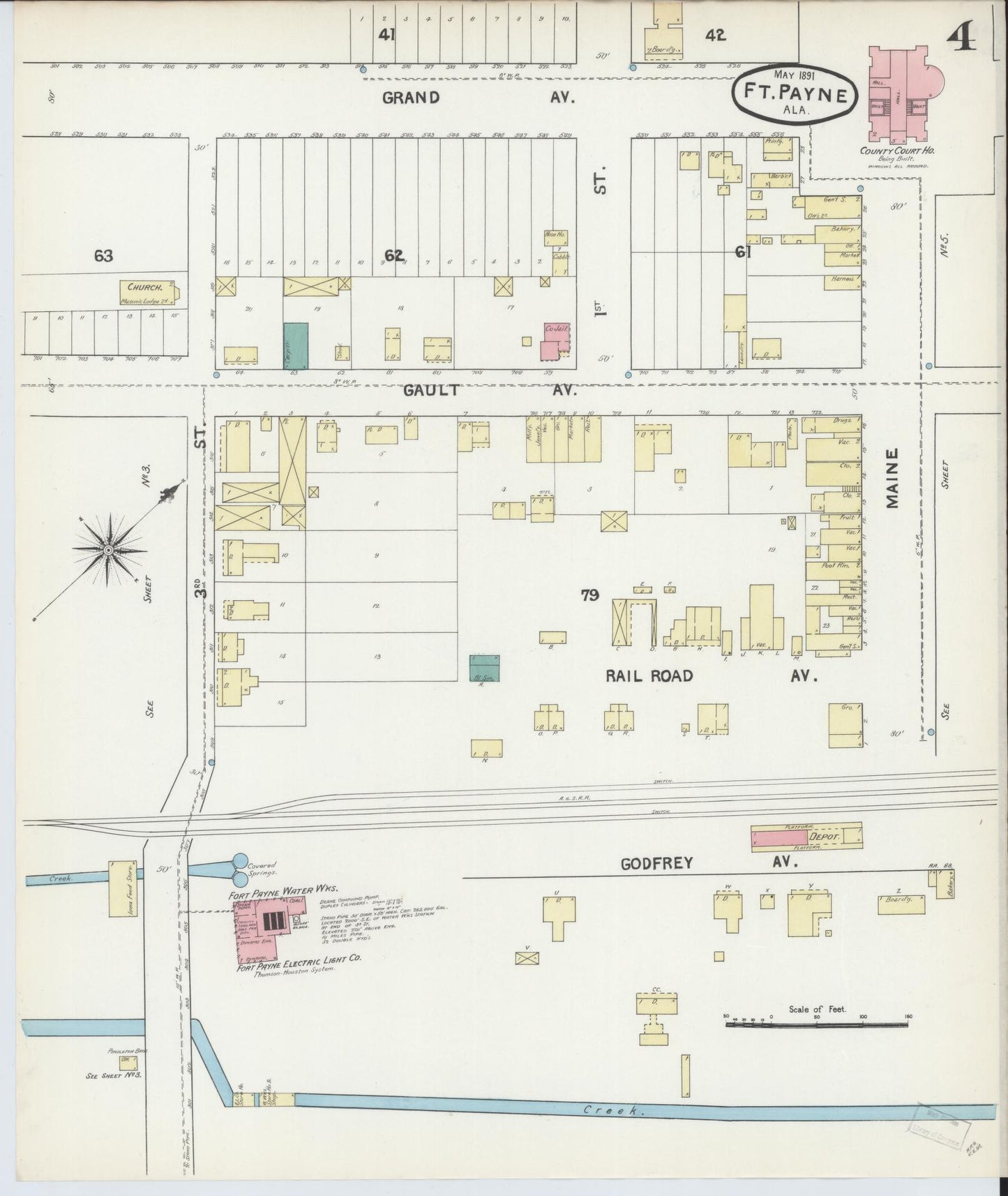 Sanborn Fire Insurance Map from Fort Payne, Dekalb County, Alabama (1891), Sheet #0004 - Historic Sanborn Fire Insurance Map Print, vintage old map wall art, antique decor, genealogy gift, Alabama Alabama map