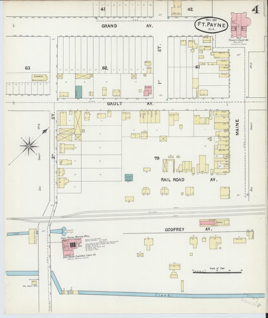 Sanborn Fire Insurance Map from Fort Payne, Dekalb County, Alabama (1891), Sheet #0004 - Historic Sanborn Fire Insurance Map Print, vintage old map wall art, antique decor, genealogy gift, Alabama Alabama map