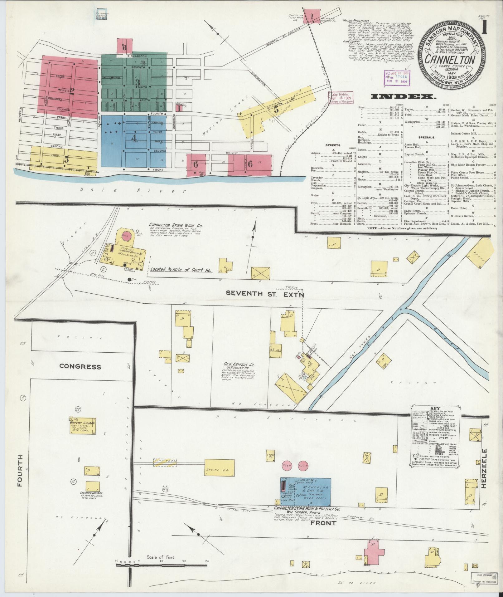 Sanborn Fire Insurance Map from Cannelton, Perry County, Indiana (1909), Sheet #0001 - Complete Map Set gallery image, historic Sanborn map, vintage wall art, Indiana Indiana