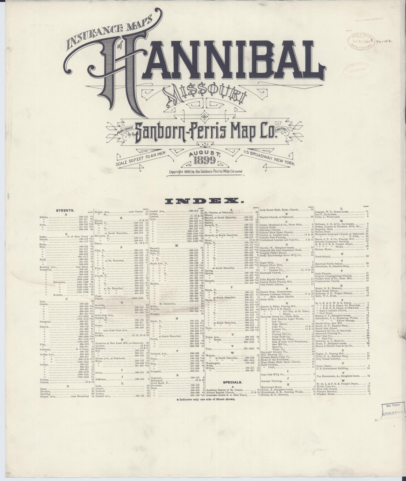 Sanborn Fire Insurance Map from Hannibal, Marion County, Missouri. (1899) – Historic Sanborn Fire Insurance Map Print