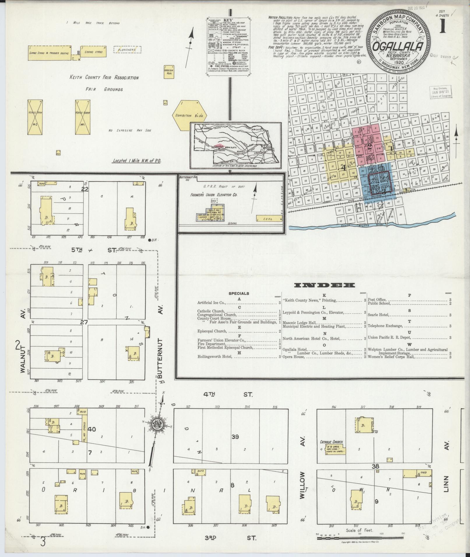 Sanborn Fire Insurance Map from Ogallala, Keith County, Nebraska (1920), Sheet #0001 - Historic Sanborn Fire Insurance Map Print, vintage old map wall art, antique decor, genealogy gift, Nebraska Nebraska map